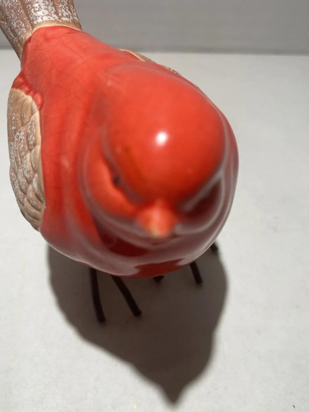 Red Ceramic Cardinal Bird Figurine Crackle Glaze Metal Wire Legs Rustic Decor